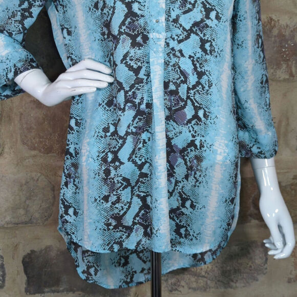 Jennifer & Grace Tunic Top Women Large Blue Brown Snake Print 3/4 Button Nature - Picture 4 of 13